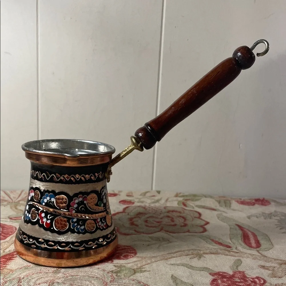 Turkish Handmade Multicolor Design Coffee Pot with Wood Handle
